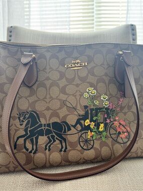 Coach Brown Signature Tote with Floral Horse-Drawn Carriage